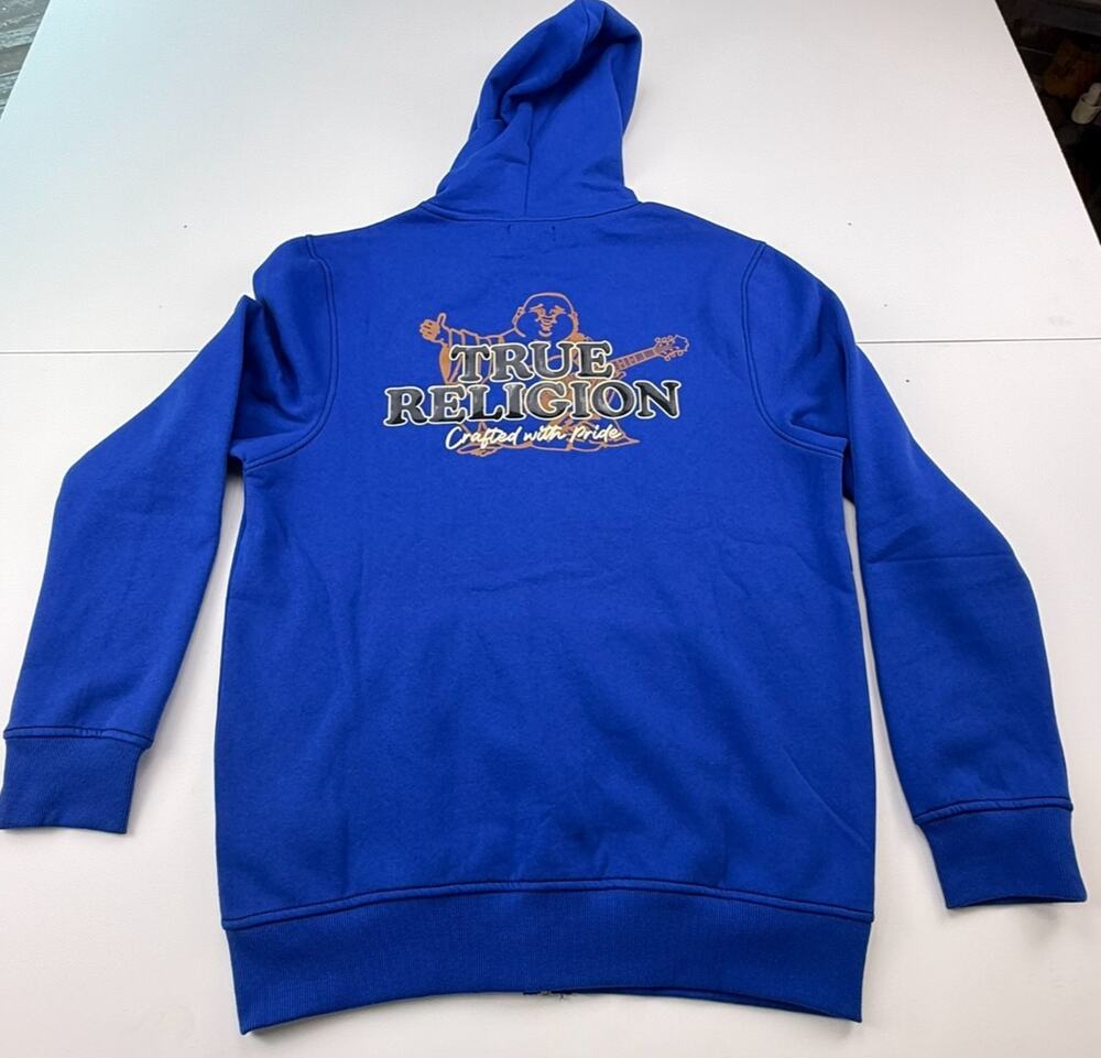 TRUE RELIGION MEN'S CONTRAST W/ BUDHA BACK DESIGN ZIP HOODIE BLUE SZ L NWT